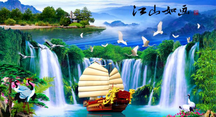 江山如畫山水風景畫刺繡圖案 江山如畫山水風景畫刺繡圖案