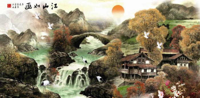 江山如畫山水風景畫刺繡圖案 江山如畫山水風景畫刺繡圖案