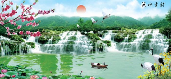 流水生財十字繡山水風景畫刺繡圖案 流水生財十字繡山水風景畫刺繡圖案